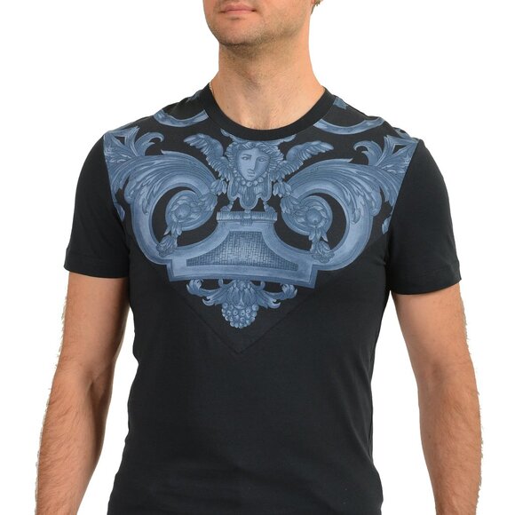 Versace Men's Navy Blue Heritage Logo Print Short Sleeve T-Shirt US M IT 50